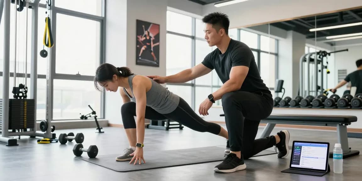 Trainingsszene im Unique Pharma Shop mit Personal Trainer, der Kunden durch Übungen anspornt.