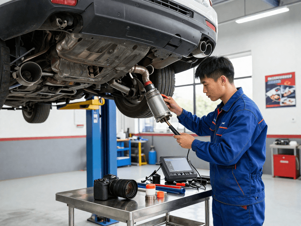 DPF-Reinigung Hannover: professioneller Techniker überprüft DPF-Komponenten in einer modernen Werkstatt.