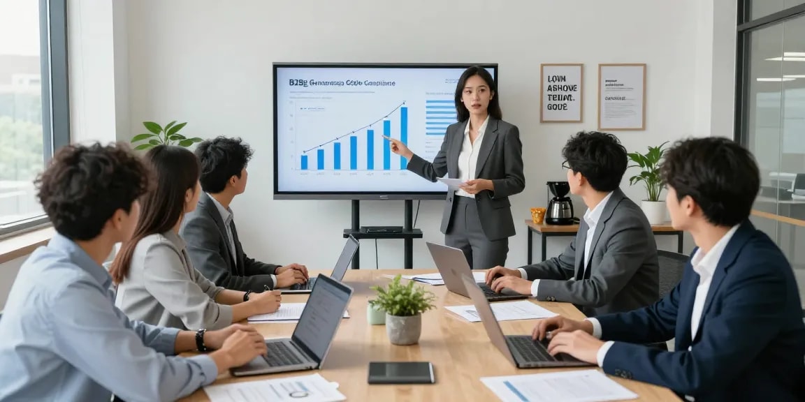 Wissen / Blog-Hub über DSGVO im B2B-Marketing in einem modernen Büro mit einem Präsentationsteam, das Datenvisualisierungen diskutiert.