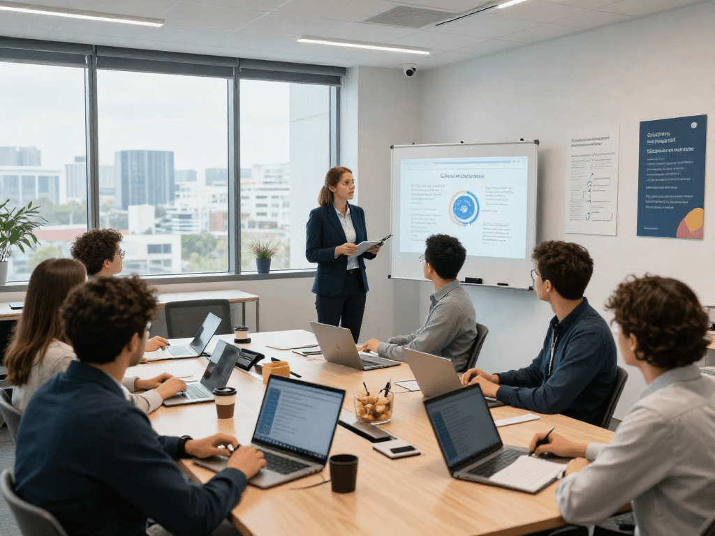 Wissen / Blog-Hub: Engaged professionals learning about GDPR compliance in a corporate training room.