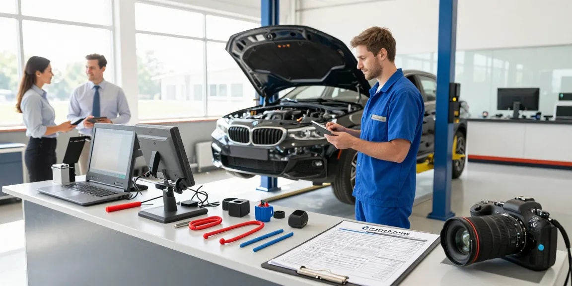 Professioneller Service in einer BMW Werkstatt Hannover mit Techniker am Motor.