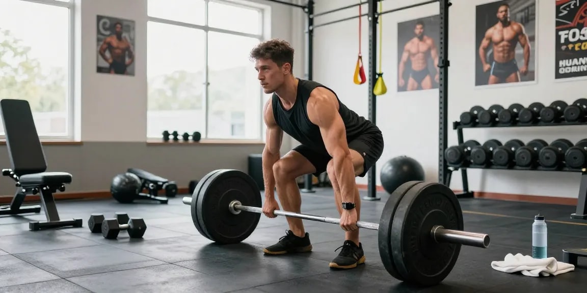 Muscular Mann im Fitnessstudio mit Deus Medical Produkten während des Deadlifts.