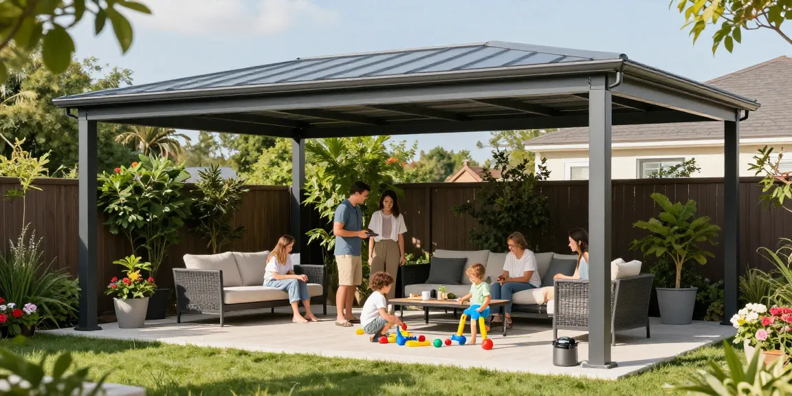 Moderne Terrassenüberdachung mit Familie im Garten genießen.