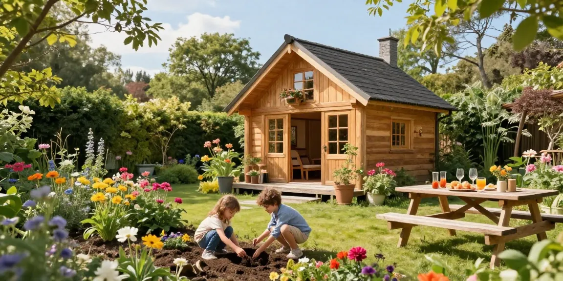 Garten Haus umgeben von Blumen und spielenden Kindern im Garten.