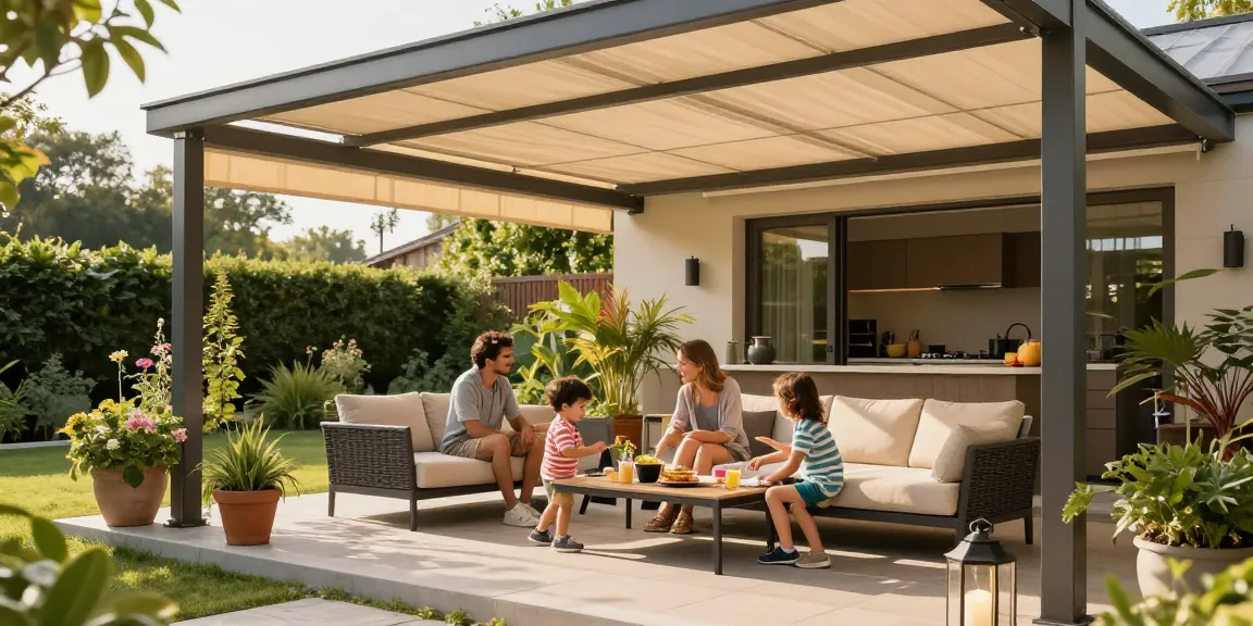 Familie nutzt Terrassenüberdachungen für eine entspannte Zeit im Freien.