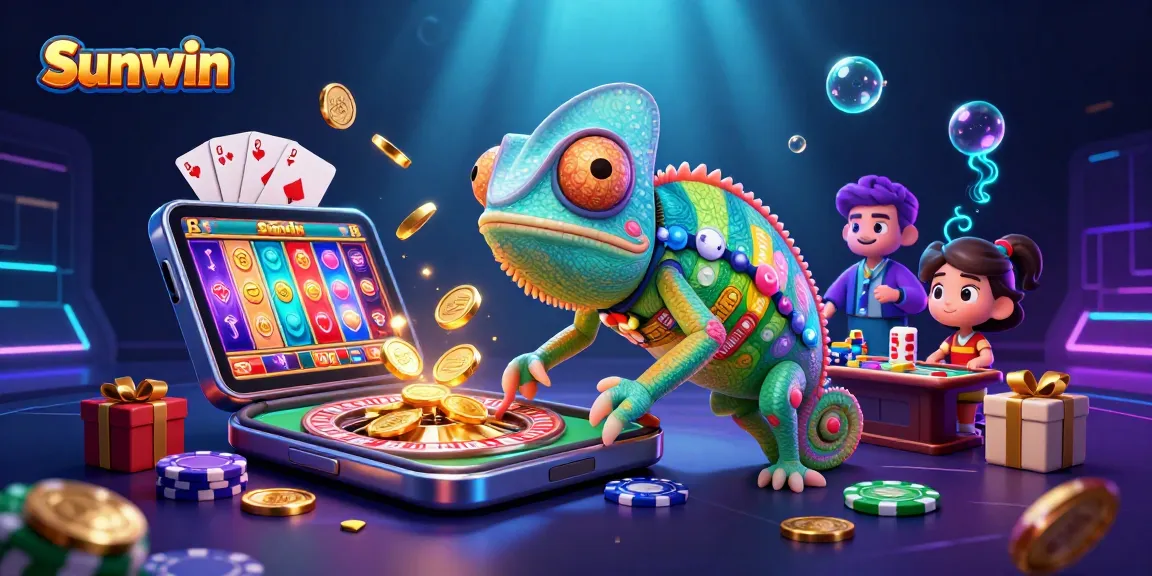 Sunwin enhances gaming excitement with colorful slot games and a playful chameleon owner.