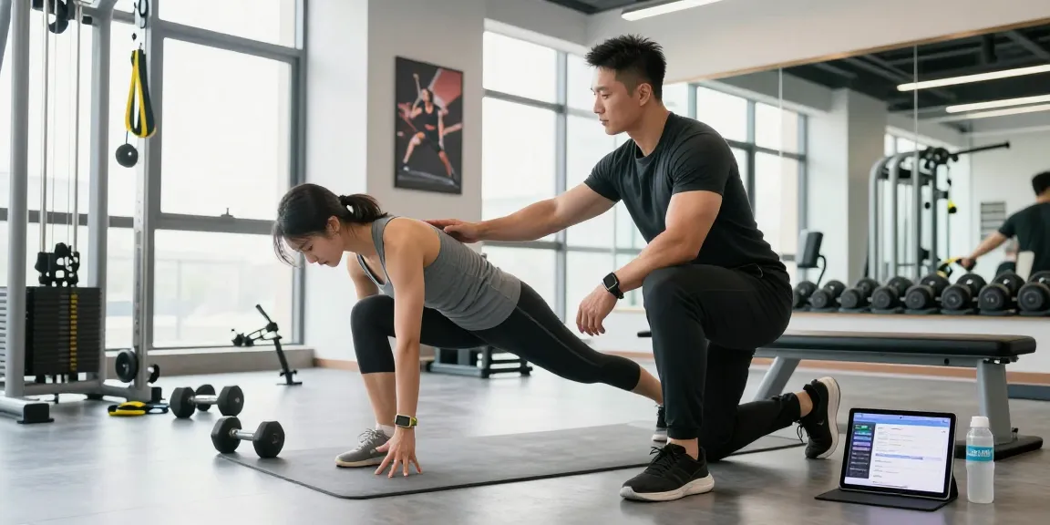 Trainingsszene im Unique Pharma Shop mit Personal Trainer, der Kunden durch Übungen anspornt.