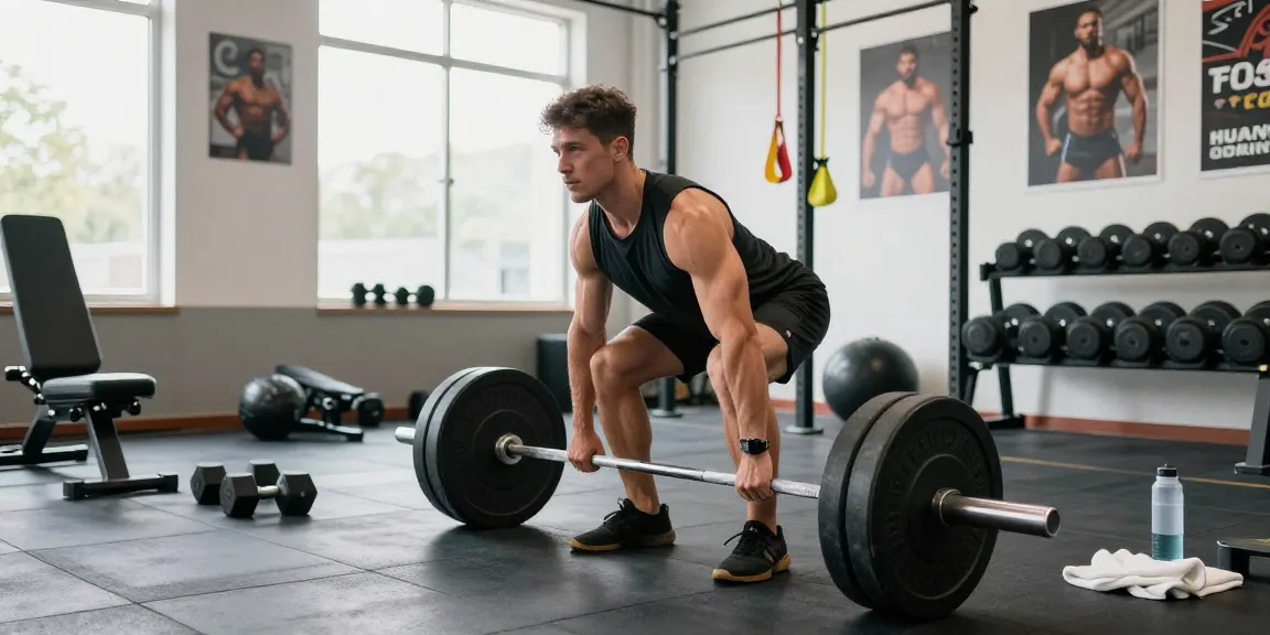 Muscular Mann im Fitnessstudio mit Deus Medical Produkten während des Deadlifts.
