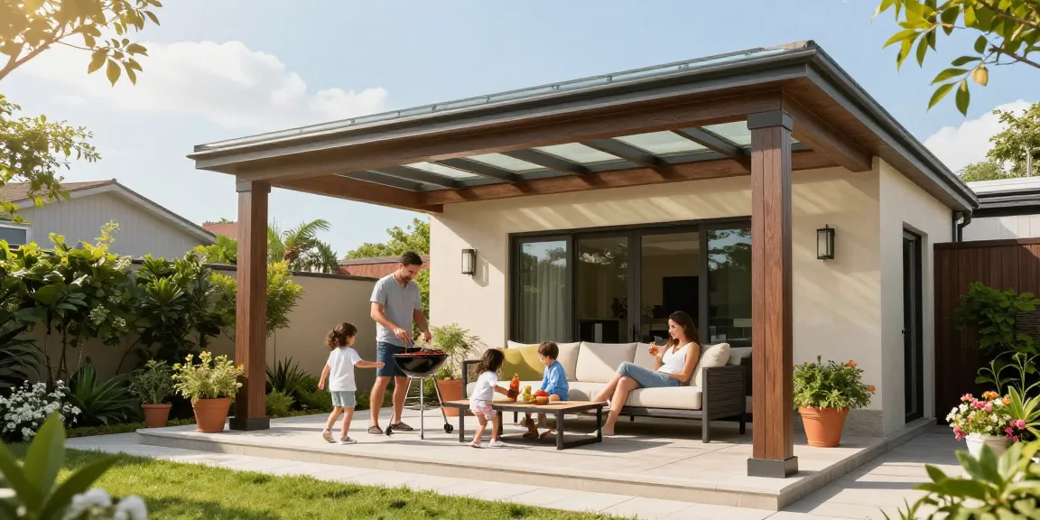 Freistehende Terrassenüberdachung in einem modernen Garten mit Familie, die einen sonnigen Tag genießen.